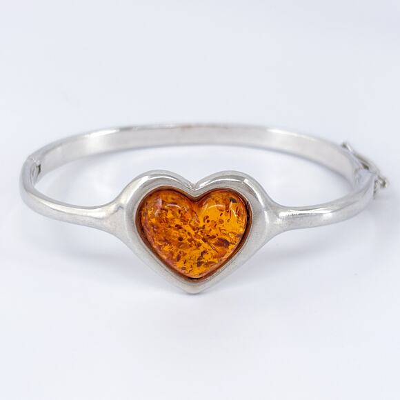 Vintage Sterling Silver 925 Amber Heart Bangle Bracelet 6.5” - Picture 2 of 10